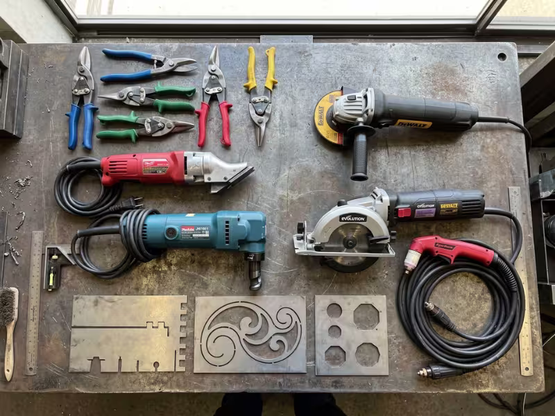 Sheet metal cutting tools on a workbench Sheet metal cutting tools on a workbench