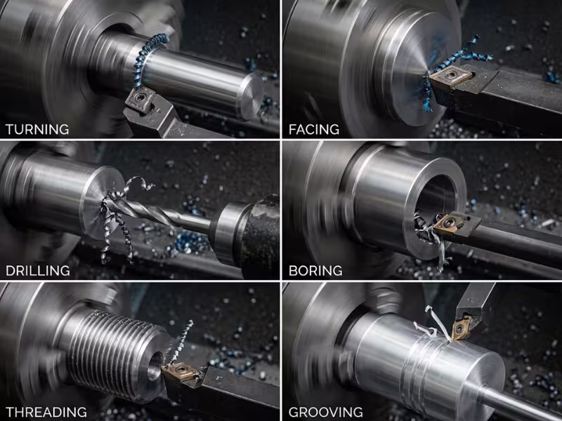 Six common lathe operations on metal parts Six common lathe operations on metal parts